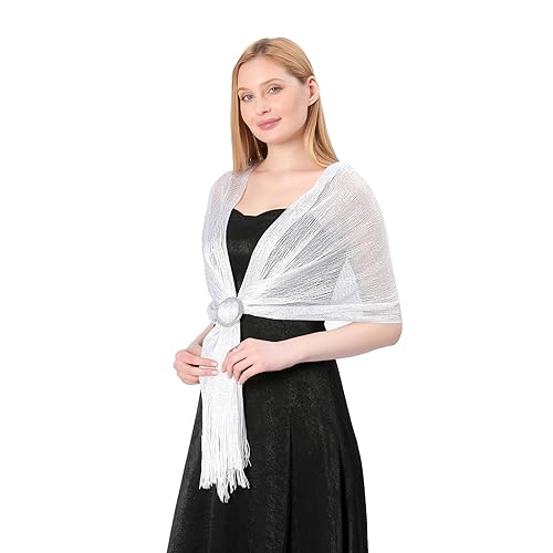 Image of Stoles for Evening Dress with Buckle, Fringes - Polyester Blend, Shimmer Stole Wraps for Weddings, Party | Women's Clothing