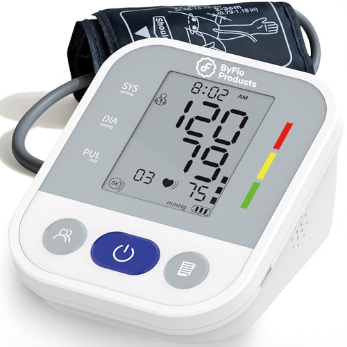 ByFloProducts - Blood Pressure Monitor for Home Use with Heart Rate Monitor - Reliable & Automatic Blood Pressure Machine with Cuff, 2x99 Memory Includes 4 AAA Batteries, 100% Canadian Owned