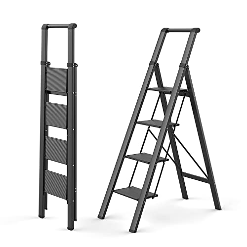 Woa Woa Step Ladder 4 Step Folding With Wide And Anti-Slip Pedal, Folding Step Ladder With Handgrip, Portable Lightweight Aluminum Stepladder For Home, Kitchen, Library, Office - Black #TOP5