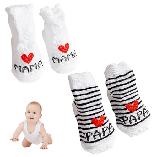 Baby Socken Schuhe, 2 Paar Weiche Stricksocken mit Cartoon Motiv, Ich Liebe Mama + Ich Liebe Papa Rutschfeste Stoppersocken für Kleinkind Mädchen und Jungen