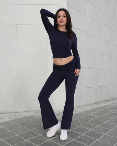Image of ZOOSIXX Lounge Sets for Women - 2 Piece Outfits Crop Tops with Fold Over Flare Leggings Fall Loungewear Fitted Pajama