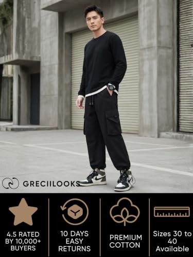 Image of GRECIILOOKS Men's Cargo Pants | 6 Pocket Cotton Cargo Joggers for Men | Loose Fit Stylish Pant with Pockets | Casual Baggy Trousers & Streetwear Lower