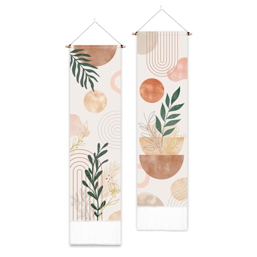 PLIGREAT 2 Pack Boho Tapisserie avec glands, plantes Esthétique Tenture murale Abstrait vertical Home Art Tapisserie pour chambre à coucher Salon Salle de...