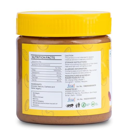 ROSIER Foods All Natural Nut Butter | Crunchy | No Added Sugar | High Protein Premium Cashew, Almonds and Peanut Butter, 300 gram