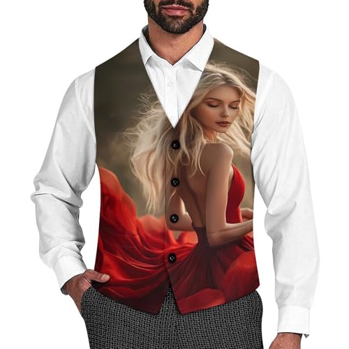 Beautiful Woman Men's Suit Vests Dress Vest V-Neck Waistcoat Slim Business Formal with Pocket
