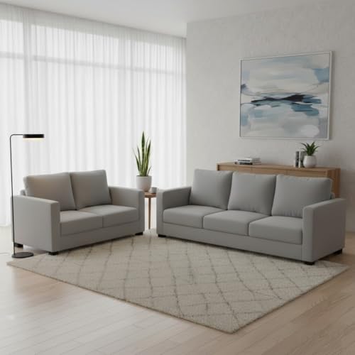 Image of FURNY Haster 5 Seater Fabric 3+2 Sofa Set (Light Grey) Premium Velvet Finish | Ideal for Living Room