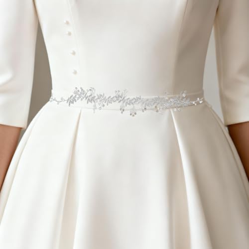 UTHCLO Cinturón de Novia Gemas de Imitación y Perlas, Hecho a Mano en Aleación Plata para Bodas y Fiestas, Accesorio Elegante para Damas y Novias