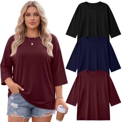 Image of Locoowai 3 Pack Women Plus Size Tops 3 /4 Sleeve Cotton Crew Neck Oversized T Shirts Loose Fit Tee Tunic Casual Blouse