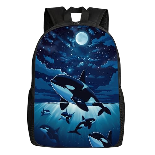 Whale Kids Backpack Killer Whale Orcas in Galaxy School Bookbags Daypack Bag, Water Resistant Children Backpack for Elementary Junior High Girls Boys, 17 Inches, Beautiful Space Moonlight