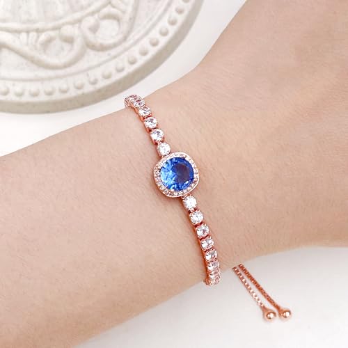 Image of Rose Plated Gold Brass Box Chain Cubic Zirconia Classic Tennis Slider Adjustable Bracelet, Round Big Zircon Charm Give Woman Mom Mother's Day Fashion Crystal Gift