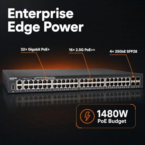 Image of RUCKUS ICX8200-48ZP2-E2 Managed Switch, 32x Gigabit PoE+ and 16x 2.5G Multigigabit PoE++, 4x 25GbE SFP28 Uplinks, 1480W Power Budget, Dual Hot-Swap PSU - Stackable Enterprise Switch - ICX8200-48ZP2-E2