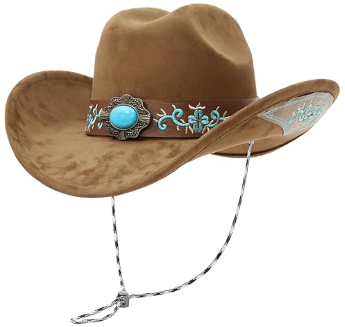 GEMVIE Chapeau de Cowboy Western Turquoise pour Homme et Femme Chapeau de Cowgirl en Daim à Large Bord brodé Marron avec mentonnière, Marron, 7/7 1/4
