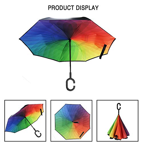 Image of MRTLLOA Double Layer Inverted Umbrella with C-Shaped Handle, Anti-UV Waterproof Windproof Straight Umbrella for Car Rain Outdoor Use (N-Rainbow)