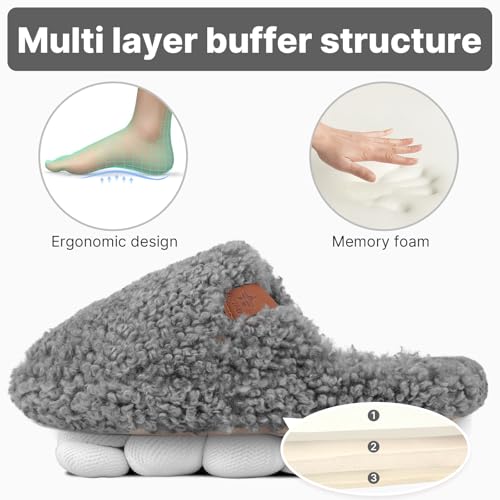 Image of Womens Fuzzy Slippers Wide Width Ladies Arch Support Memory Foam Slippers Warm Comfy faux fur Slip On Indoor House Shoes