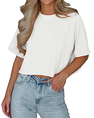 Tankaneo Womens Casual Half Sleeve Cropped T-Shirts Summer Crop Tops Solid Color Round Neck Basic Crop Tees
