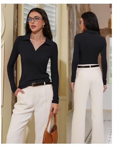 Womens Long Sleeve Shirts Slim Fitted Business Casual Work Tops Collared V Neck Polo Shirt 2025 Fall Outfits4