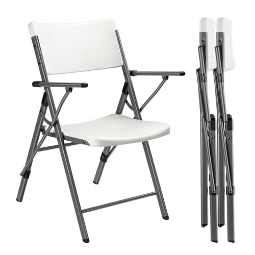 FanttikOutdoor Portable Plastic Folding Chair, Armrest, Indoor Outdoor Heavy Duty Office Seat with Steel Frame, 350 lbs Capacity for Home, Party, Wedding, Garden, Stadium, 2-Pack, White Zeta H8 Ultra