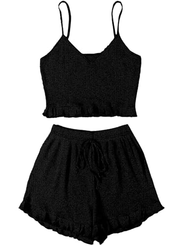Image of Avanova Women Sexy 2 Piece Pajama Set Ruffle Trim Cami Top and Shorts Sleepwear Set