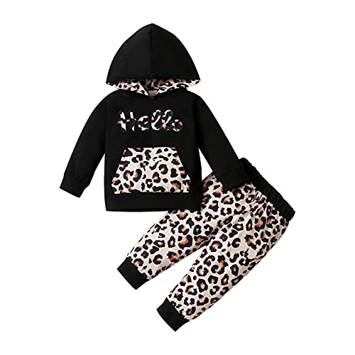 Hinzonek Enfant en Bas âge Bébé Filles Vêtements Manches Longues Floral Bonjour Sweat À Capuche Tops Pantalon Survêtement Outfit (18-24 mois, Noir) Cover