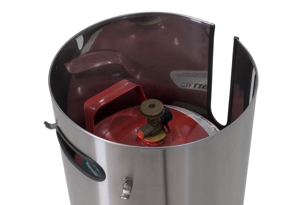 Schickling Gasflaschen Schutzhülle aus Edelstahl - Gasflaschenschrank für Gas-Flaschen bis 11kg mit Rollen, Griff, Deckel & Grillbesteckhaken - Höhe: 70cm Breite: 34cm - Made in Germany