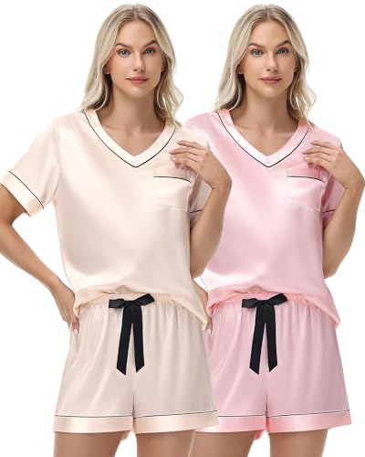 TinyChoice Paquete de 2 pijamas de seda para mujer, conjunto de pijama de satén de manga corta suave con cuello en V, champán, rosado (Pink+Champagne), S