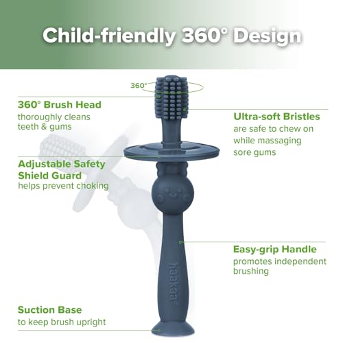 Image of haakaa 360 Baby Toothbrush with Suction Base - Steel Blue | Gentle Cleaning for Infants, Gum Massage, BPA-Free, Food-Grade Silicone, Adjustable Safety Shield, Safe for Babies 6 Months+