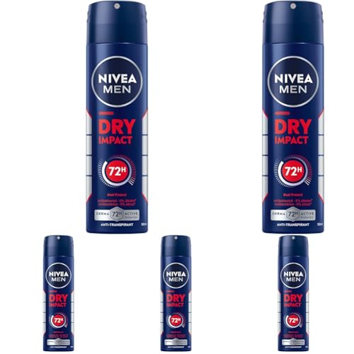 NIVEA MEN Dry Impact Deo Spray, Antitranspirant für 72h zuverlässigen Schutz gegen Schweiß und Geruch, antibakterielles Deodorant ohne Ethylalkohol (150 ml) (Packung mit 5)