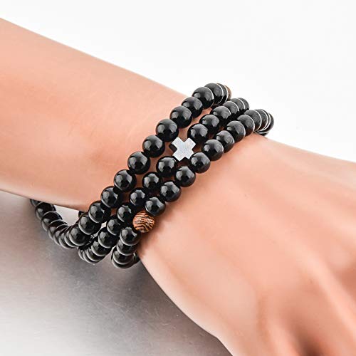 Christian Prayer Beads Rope Bracelet – 100 Black Glass Beads + 3 Wooden Beads + Hematite Cross – Women Men – 6 MM Black Glass 100 Bead4