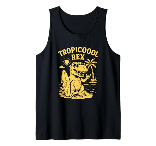 Tropicool Rex Funny T-Rex Surfer Beach Vacaciones de verano Camiseta sin Mangas