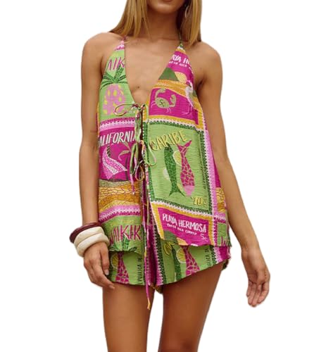 Image of ROAONOCOMO Women Tie Front Shorts Set V Neck Halter Cami Top Y2K 2 Piece Pj Set Graphic Summer Beach Lounge Outfit