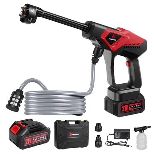 Andeman Akku Hochdruckreiniger, 55 Bar Mobiler Druckreiniger 4h-Laufzeit mit 3000mAh Akku,6-in-1 Multi Sprühdüse,5M Schlauch für Auto, Terrasse, Garten, Zaun