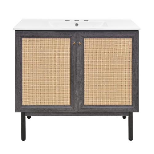 Image of Swiss Madison Classe 36 in. Black Oak Bathroom Vanity with White, 3-Hole Ceramic Sink Top