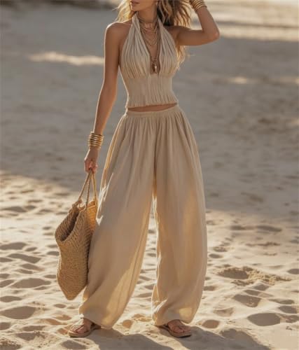 Conjunto de lino para mujer de diseño sofisticado con cuello halter estilizado 4