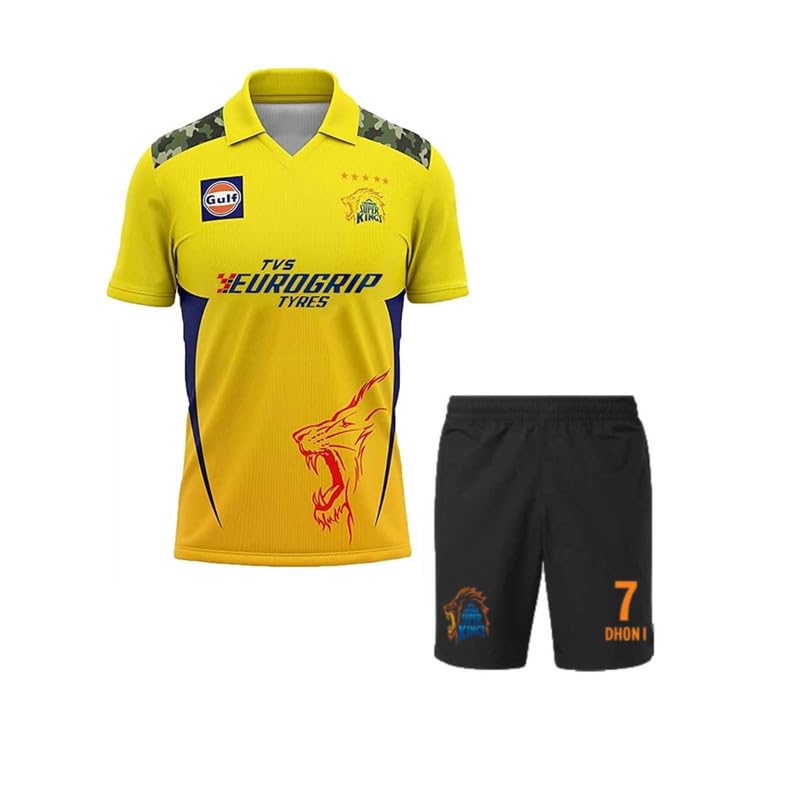 Image of Ms Dhoni 7 Csk Cricket Team Half Sleeve Jersey Tshirt with Printed Logo Shorts 2024-2025 (Kids,Boys,Men)