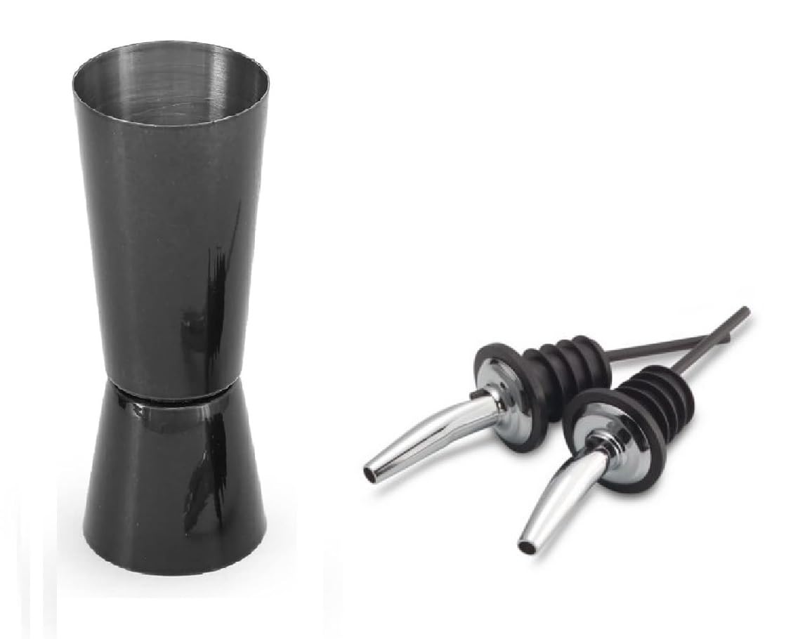 Dynore Stainless Steel Black Bar Accessories Set – Tall Peg Measure (30/60 ml) & 2 Wine Pourers – Set of 3-image-40