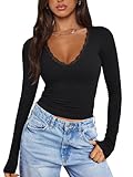 PINKMSTYLE Womens Sexy V-Neck Long Sleeve Tops Slim Fit Double Lined Tee Trendy Club Outfits Lace Tops 2024 Black Large