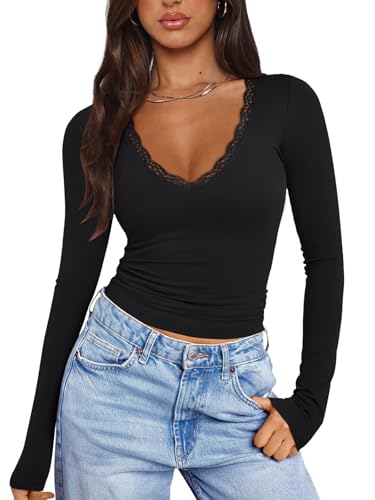 PINKMSTYLE Women Sexy V Neck Lace Long Sleeve Shirts Basic Fitted Double Lined Going Out Y2K Trendy Fall Tops