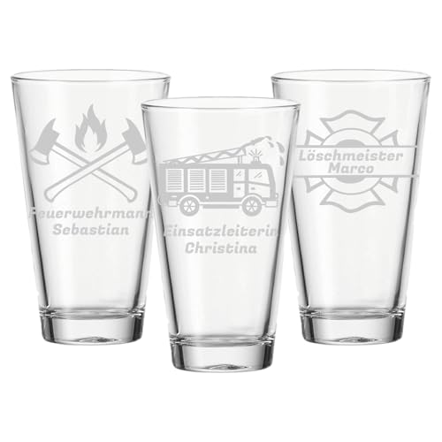 LUXENTU Trinkgläser mit Gravur 3er Set, 300 ml, Wassergläser und Kindergläser mit Feuerwehr-Motiven, Personalisierbar mit Namen, Individuelle Lasergravur, Firefighter-Edition