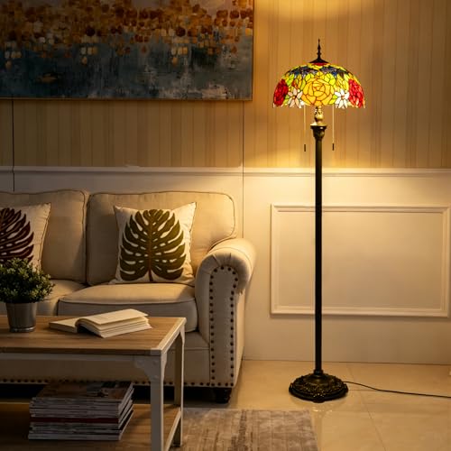 Image of Tiffany Style Floor Lamp, 16 inch Stained Glass Rose Floral Shade with Antique Bronze Base, 2-Light E26 Pull Chain Standing Reading Light for Living Room, Bedroom, UL Listed, 16x16x64 Inches