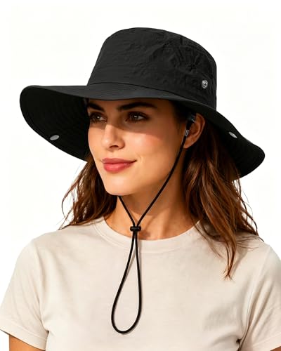 Waterproof Bucket Rain Hat for Women Wide Brim Summer UPF50+ Cowboy Sun Hat Men Foldable Soft Floppy Beach Hat Black