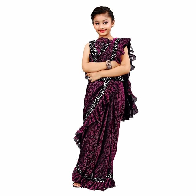 Kids Girls Lycra Blend Ready To Wear Saree With Sequence Blouse Piece (3-4 yrs to 11-12 yrs) (Wine, 12-13 Years - XL)-image-11