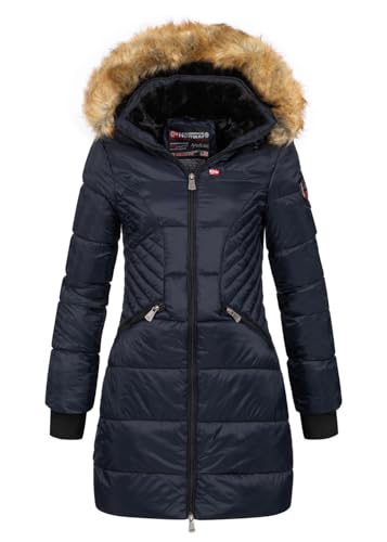Geographical Norway Abeille Lady - Parka Cálida Para Mujeres En Otoño Invierno - Abrigo Fino Con Capucha De Piel Sintética - Chaqueta A Prueba De Viento - Rego Elegante Ide (Marina S-talla 1)
