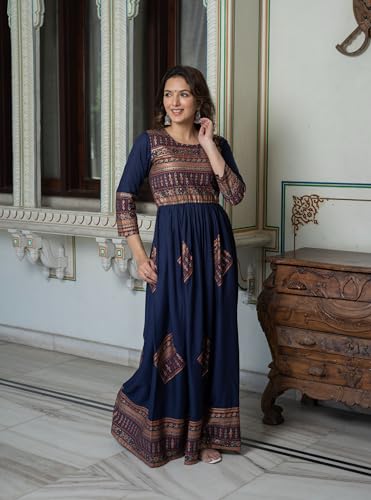 Image of Daevish New Gold Printed 3 /4 Sleeves Flared Maxi Length Dress for Women & Girl's | Maxi Dress for Women | Women Flared Dress