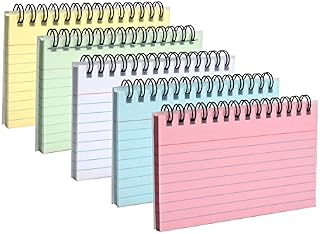 5 Packs Index Cards Record Cards Study Cards for Revision Note Cards with Ring Binder for Office School Learning Index Cards and Box Sets -5 Colours-5x3 Inches