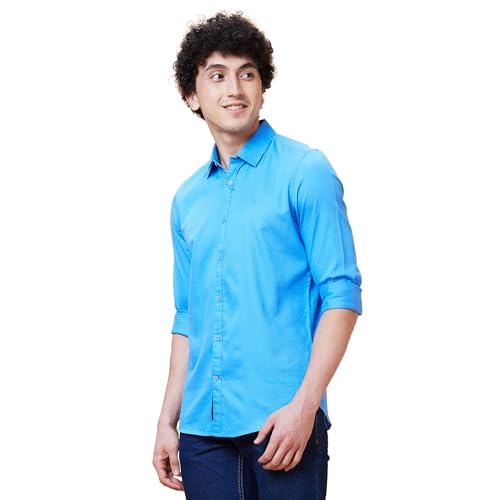 Image of Being Human Blue Slim Straight Fit Regular Collar Long Sleeves Men's Shirt Clothing