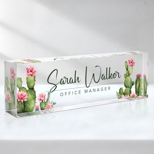 Custom Name Plate for Desk, Acrylic Cactus Office Decor