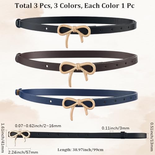 3 Colors 0.5 Inch Width Thin Waist Belts PU Leather Bow Skinny Belts with Gold Alloy Bowknot Buckle Elegantes Adjustable Slim Leather Waist Strap for Women Ladies Dresses Jeans Pants2