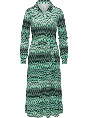 Ragwear Damen Langarm Kleid Midikleid Elegantes Jersey Blusenkleid mit Taillengürtel und raffinierten Prints Plantee Print Dusty Green26 Gr. S