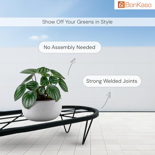 Image of BonKaso Heavy Duty Stadium Plant Stand: 60.9X 22.5 x 12.7 cm, Black - Set of 4, Modern Design for Indoor & Outdoor Use, Sturdy, Anti-Rust Planter Stand for Garden, Balcony, Patio