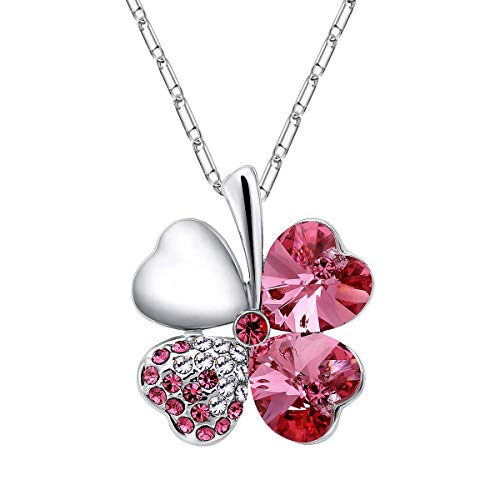 Merdia Four Leaf Clover Heart-Shape Crystal Pendant Necklace 16" + 5" Extender (Rose-red Four Leaf Clover Pendant)